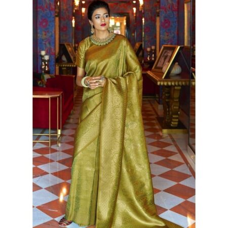 Isduniya olive green and golden blend woven kanjivaram soft silk saree